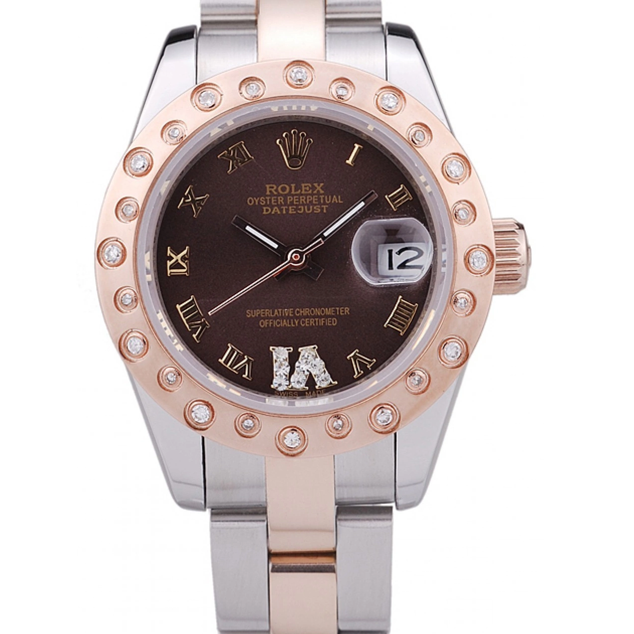 Aaa fake watches Gold Bezel Rose Brown Rolex Dial Polished Datejust Diamonds 7475 0825